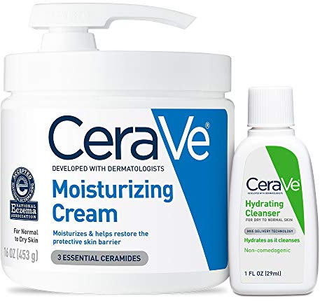 CeraVe Moisturizing Cream & Hydrating Facial Cleanser Skin Care Set, Combo Pack For Dry Skin Relief, Travel Essentials, 1oz Cleanser + 16oz Cream With Pump