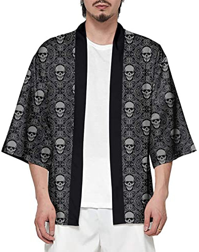 CIZEUR Hombre Hippie Camisa Kimono Japonés Estampado Holgado Manga 3/4,6XL Calavera