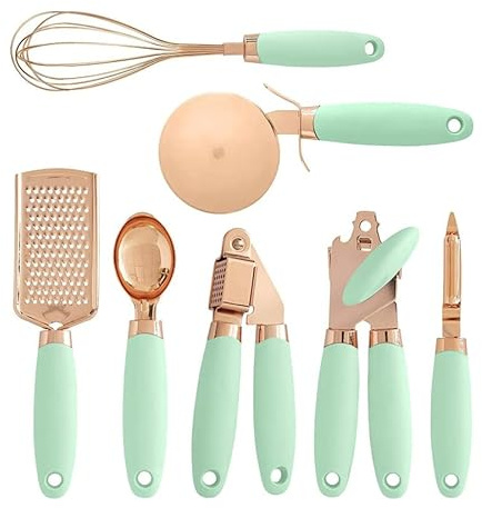 7PCS/Set Kitchen Gadget Set Stainless Steel Utensils Ice Cream Scoop Peeler Garlic Press Cheese Grater Whisk (Green)