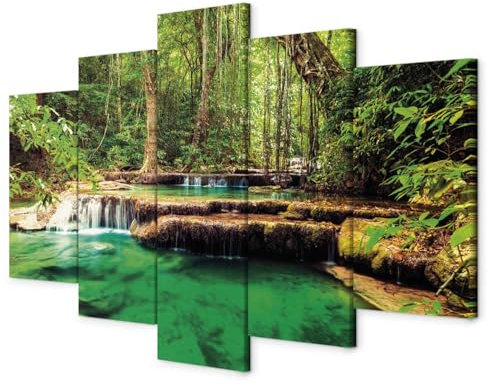 B&D XXL - Wandbilder XXL 150x75cm 5 tlg - Wand Deko Leinwand Bilder Groß Wanddeko Wohnzimmer Schlafzimmer Kunstdrucke - Wasserfall Natur Landschaft c-B-0036-b-n