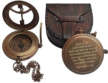 SIFAAT Sonnenuhr-Kompass mit Lederetui, antikes Messing, graviert, für Camping, Wandern, Reisen, Geburtstagsgeschenk, Abschlussgeschenk