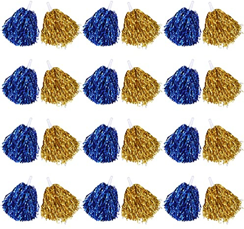 Chivao 24 Pcs Cheerleading Pom Poms, Metallic Foil Handle Cheer Squad Team Spirited Fun for Party, Sports Dance Cheer, 30 Grams Weight Each(Gold, Blue)