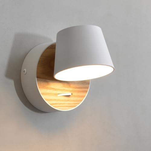 Ougres Lámpara de Pared Con Interruptor Blanca,Lámpara Led de 5w Madera Giratoria 360°,Lámpara de Lectura Retro Industrial de Metal,Lámpara de Diseño Para Cama,Dormitorio, Pasillo y Sala De Estar