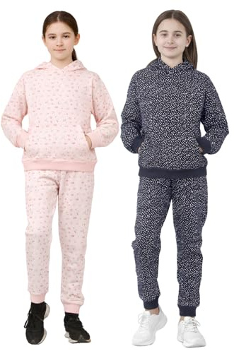 Bahob® 2 Pack Girls Tracksuits Set Printed Hoodie and Tracksuit Jogging Bottoms, Kids Track Suits Activewear Sets for Girls 5-14 Years (2 Pack Navy X Pink, 9-10 Years)