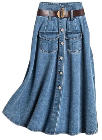 CBLdF Gonna Lunga Jean Gonna Primavera-Estate Femminile di Moda per Pendolare A Cintura A Petto Singolo in Denim-Blu-m