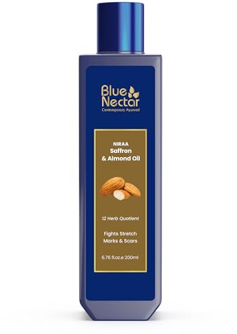 Blue Nectar Saffron & Almond Collagen Body Oil for Crepey Skin Treatment | Natural Ayurveda Firming Body Stretch Mark Oil for Saggy Skin (12 Herbs, 200 ml)