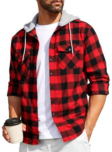 SwissWell Camisa a Cuadros Hombre Camisa de Franela para Hombre Sudaderas de Leñador de Manga Larga Exteriore Camisa Casual con Capucha Rojo M