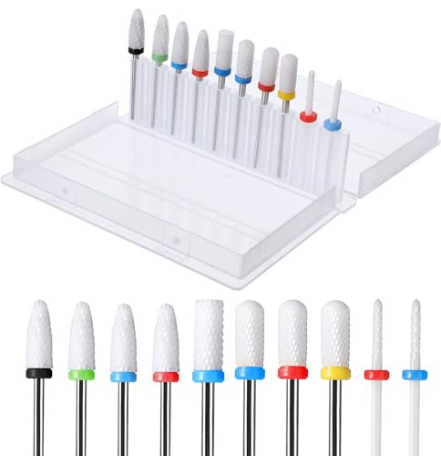Wanmu Juego de 10 brocas de cerámica para uñas, 3/32 profesionales, juego de brocas de lima de uñas acrílicas para pedicura, lima de uñas para cutículas, removedor de extensión de uñas de cristal para