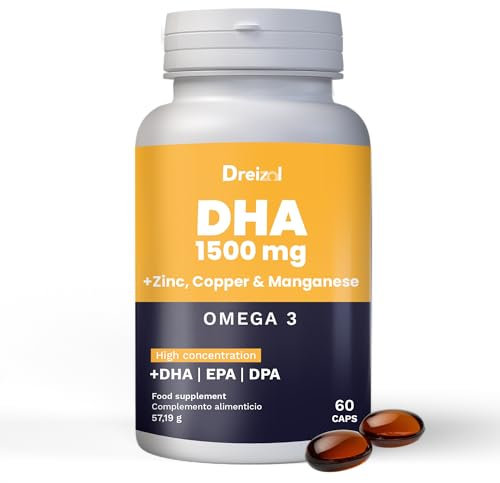 DREIZOL Omega 3 DHA 1500 avec EPA et DPA + Manganèse, Zinc et Cuivre - Haute Concentration - Renforce les Tissus Oculaires, Rétine, Santé Cardiaque et Cérébrale - Sans Gluten - Sans OGM - 60 Capsules