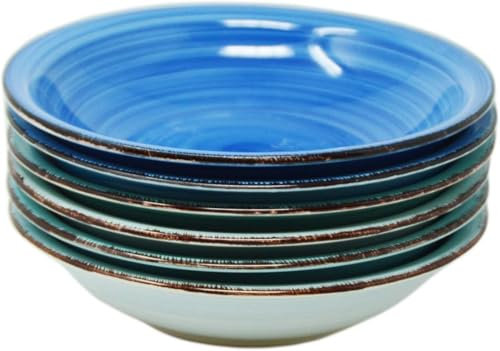 Riyashop 6er Set Suppenteller, Suppenschalen Steingut, Pastateller, Spaghetti Tiefeteller, Nudelschalen, Ramen Schalen, große Salatschalen, Mehrzweckschalen Maritime Blautöne