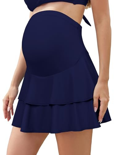 SHEKINI Donne Increspature Vita Alta Premaman Swim Gonna Built-in Pantaloncini con Tasche