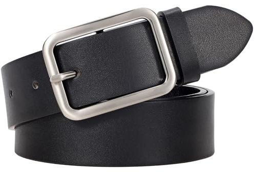 LEACOOLKEY Cintura Da Donna in Pelle Nera Con Classica Fibbia Quadrata, Cintura Da Donna per Pantaloni Jeans, Larghezza 3,3 cm,B-Nero(fibbia argento),130cm(Misura vita 104cm-114cm)