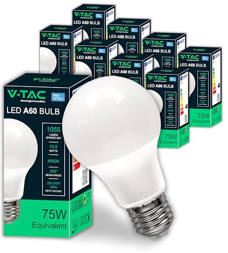 V-TAC 10x Lampadine LED A60 da 10.5W - [Alta Luminosità ed Efficienza] - E27 - (Equivalenti a 75W) - 1055 Lumen - Lampadine di Nuova Generazione - Massimo Risparmio Energetico - Luce Naturale 4000K