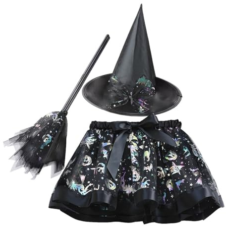JINGTOPS Vestito Halloween Bambina Gonna Tulle Nero,Vestito Strega Bambina Con Cappello Strega E Scopa,Costumi Halloween Bambini Vestiti Costume Per Cosply Party Per 3-8 Anni