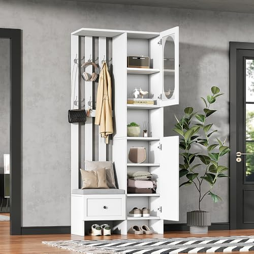 Ensemble multifonctionnel 85*33.5*200cm, un banc à chaussures, armoire de rangement en verre trempé, ensemble vestiaire Armoire d'entrée blanche, portemanteau avec banc à chaussures et rembourrage