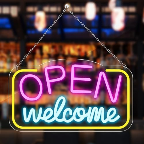 Segnale Neon Open Welcome, 42 x 23 cm, Insegne Luminose Colorate, Neon LED Open Con USB, Regolabile, Segnale Neon Luminoso Per Bar, Negozio, Caffè, Boutique, Club, Festa