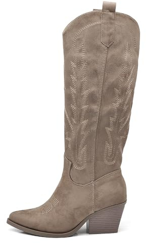 IF Stivali Texani Donna Alti Sotto il Ginocchio in Camoscio Sintetico Stile Western Cowboy J35 khaki N.38