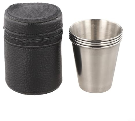 Set di 4 bicchierini da liquore in acciaio inox spazzolato, per bicchieri e bevande portatili, con borsa in pelle PU, per campeggio, escursionismo e viaggi (70 ml)