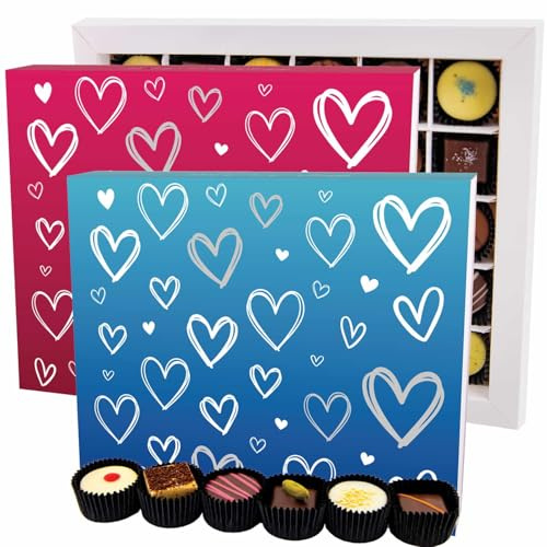 Hallingers Genuss Manufaktur Pralinen Geschenk Valentinstag – handmade ohne Alkohol aus Edelkakao-Schokolade edle Geschenkdose Pink&Blue Hearts XXL, für ihn & für sie Freundin Partner, Paar & Pärche