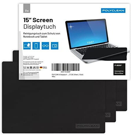 POLYCLEAN 3x Bildschirmreiniger – 15 Zoll Microfasertuch für Display, Laptop und Tastatur – Screencleaner zum Schutz von Notebook und Tablet (31x22 cm) – Display Reiniger Touchscreen Reiniger