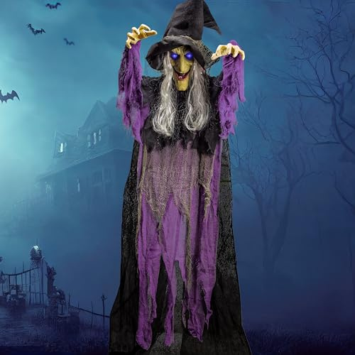 JOYIN 72” Hanging Animated Talking Witch Decoration with Light-up Eyes and Sound Activation Function for Halloween Haunted House Prop Décor, Halloween Hanging Decorations, Outdoor/Indoor, Lawn Decor