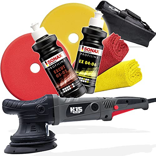 Garage Freaks Poliermaschinen Set: PLSH H15 Exzenter Poliermaschine + SONAX ProfiLine EXCut 05/05, 250 ml + ProfiLine EX 04/06, 250 ml + Excenter Polierpads 143 DA + 2x Poliertuch 550 GSM
