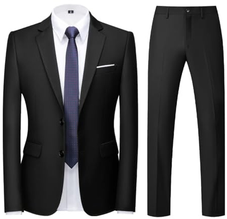 KUDORO Conjunto de 2 piezas para hombre, ajuste delgado, botonadura simple, dos botones, traje de esmoquin para boda, blazer y pantalones, Negro, S