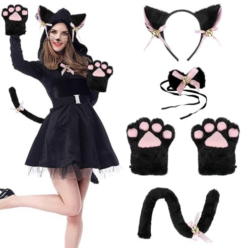 Kinsinder Costume Gatto Bambina, Gatto Cosplay Costume, Peluche Artiglio Guanti Gatto Gattino Orecchie Coda Collare Zampe Carino Adorabile Costume per il Set per Bambini e Adulti
