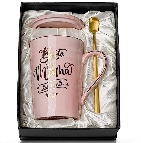 Muttertagsgeschenke für Mama, Mutter Geschenke Tasse, Mit Goldenen Mustern - Beste Mama der Welt Becher, 14Oz Muttertag Geschenk Keramik Kaffeetasse mit Deckel, Löffel, Grußkarte, Elegant Geschenkbox