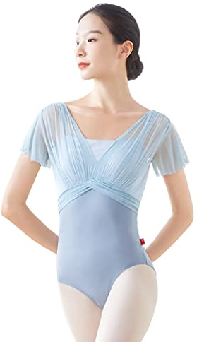 Phoeswan Ballet Leotards for Women, Dance Leotard Mesh with Ruffled Sleeves, V Backless Adult Leotard Bodysuit with Adjustable Straps, Light Grey Size Large