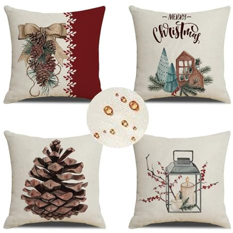 Outdoor Wetterfest Kissenbezug 45x45 cm 4er Set Beige Kissenbezüge Weihnachten Outdoor Kissen Wasserdicht Leinen Sofakissen Dekokissen für Garten Terrasse Bank Stuhl Outdoor Heimdekoration Geschenke