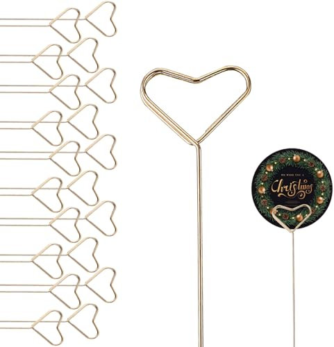 Amabro 20 Pcs Floral Card Holder, Photo Clip Stick Metal Flower Place Card Holder Gold Ring Loop Clips for Gift Memo Wedding Flower Arrangements Party Birthday Cake (Heart)