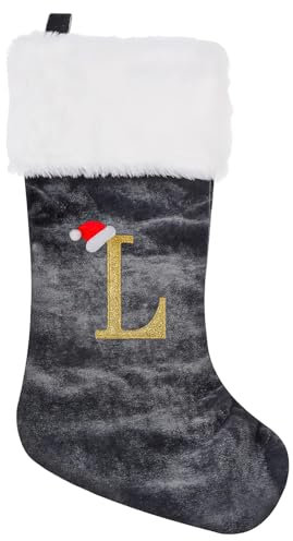 Personalized Xmas Stockings 45cm Large Initial Monogram Embroidered Letter Christmas Stocking Grey Velvet Classic Christmas Stockings Xmas Holiday Decor Tree Decoration for Kids & Adults Gift (L)