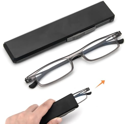 MMOWW Gafas de Lectura Ultrafinas TR90 para Hombres Mujeres Anti luz Azul Pequeño y Portátil Portátiles único Estirable Ultradelgado Negro de Cáscara Plana (Gris, +2.0)