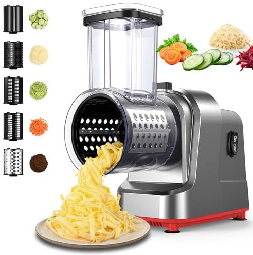 Râpe à Fromage électrique, 5 Lames de Formes différentes pour Salade, Fromage, Fruits et légumes, râpe électrique 250 W pour Carottes entières, trancheuse de Pommes de Terre, Facile à Nettoyer