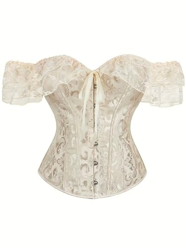 Cazqgoy Korsett för damer, sexig spetskorsett, snörad vintagekorsett, formande korsett-topp med ärmar, off shoulder-bustier, linne med spets