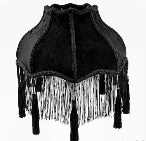 Victorian lampshade Lampshade with tassels, 11.8inch Width, 12.3inch Height velvet top replacement lamp ，Bell Shape Scallop Lampshades,E26/E27 bulb base Floor and Bedside Lamps for Table (Black)