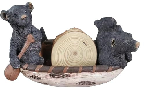 Juego de 6 adornos de jardín de tamaño completo en canoa hecha a mano con adorables figuras de oso negro, decoraciones de cabaña de troncos negros, adornos de jardín para el hogar (marrón, 20 x 3 x 9