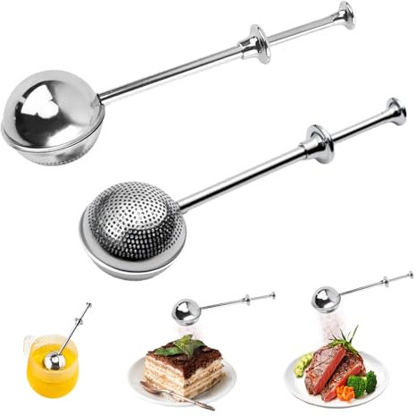 LUMOOM 2 pezzi di uovo per tè sfuso, colino da tè, cucchiai in acciaio inox, filtro da tè per filtro da tè sfuso, con manico lungo, spargitore di zucchero a velo, per tè sfuso, caffè, cacao in polvere