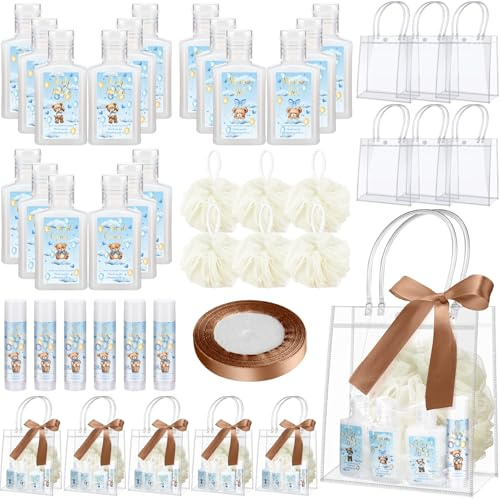 Demissle 6 Sets Baby Shower Game Prizes for Winners Baby Shower Favors Gifts Include Lip Balms Hand Creams Body Lotions Bath Loofah Sponges Gift Bags (Blue Bear)
