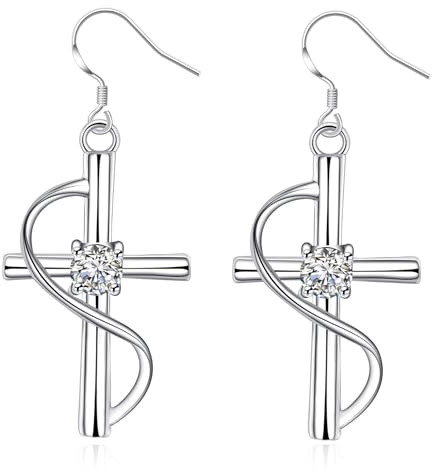KnSam Orecchini da donna in oro bianco 18 carati, con croce e moissanite, in oro 18 carati, stile Liberty, argento