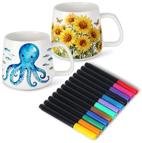 LIAILA DIY de Kit creatif adulte en céramique–2 tasses blanches vierges avec 12 stylos aquarelle Poterie adulte kit, cadeau créatif fait main pour enfants et adultes, idéal pour dessiner et créer