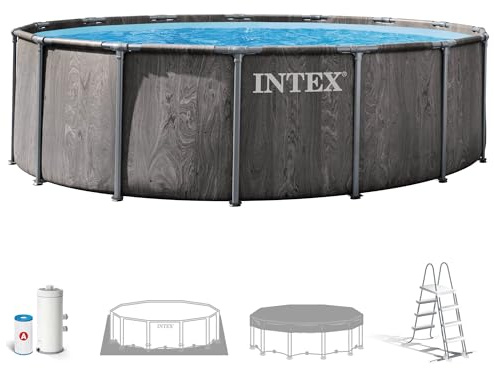 Intex - Piscina Desmontable, Greywood Prism Frame Premium, D457x122 cm, Capacidad 16.805 litros, Escalera, Tapiz, Cobertor, Depuradora Cartucho, Montaje 45 Minutos, Conexiones Ø32 mm (56093)