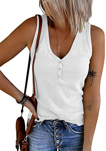 Tuopuda Débardeur Femme Haut Chic col en V Débardeurs Décontracté T-Shirts sans Manche Chemises Boutonné en Tricot Côtelé Gilet Sexy Printemps Eté Tunique Crop Tops