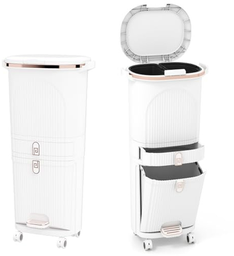 LIFEZEAL 38L / 42L Mülleimer auf Rädern, Abfalleimer mit 3 Fächern & Deckel, Tretmülleimer mit Griff, Küchenmülleimer Abfallbehälter für Küche, Wohnzimmer & Büro (42L,Weiß)