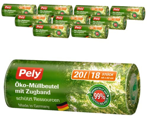 Pely Öko-Müllbeutel mit Zugband 20 Liter Vorteilspack 10 x 18 Stück im Karton, 99% aus Recycling Material, blickdicht für die Entsorgung von Hausmüll, Restmüll