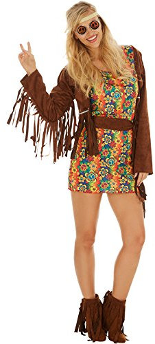 dressforfun Frauenkostüm Lady Freedom | Kurzes buntes Kleid inklusive Fransenweste und Haarband - M