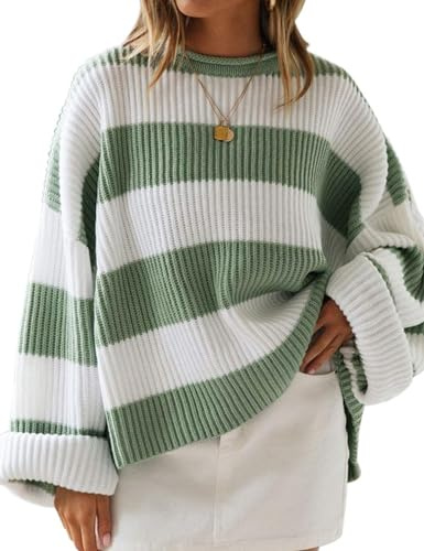ZESICA Womens Fall Winter Oversized Striped Knit Sweaters Green S