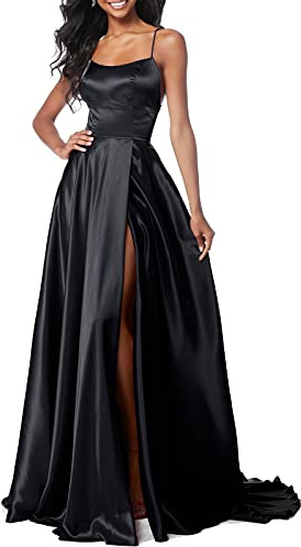Lecureler Long Satin Spaghetti Strap Prom Dress Black Size 14
