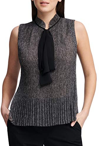 DKNY Blusa Plisada sin Mangas para Mujer con Cuello de Lazo, Negro/Blanco, XL